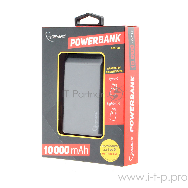 Портативный аккумулятор Gembird GPB-101, 10000мА/ч, USB, type-c, 2.1A, черный