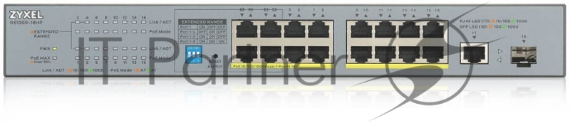 Коммутатор Zyxel GS1300-18HP, 17xGE (16xPoE+), 1xSFP, бюджет PoE 170 Вт, дальность передачи питания до 250 м, повышенная защита от перенапряжений и электростатических разрядов