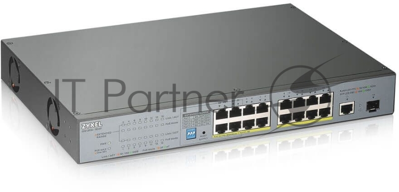 Коммутатор Zyxel GS1300-18HP, 17xGE (16xPoE+), 1xSFP, бюджет PoE 170 Вт, дальность передачи питания до 250 м, повышенная защита от перенапряжений и электростатических разрядов