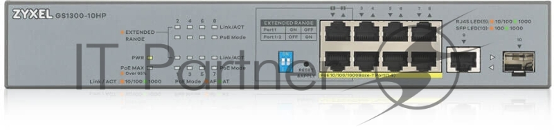Коммутатор Zyxel GS1300-10HP, 9xGE (8xPoE+), 1xSFP, бюджет PoE 130 Вт, дальность передачи питания до 250 м, повышенная защита от перенапряжений и электростатических разрядов