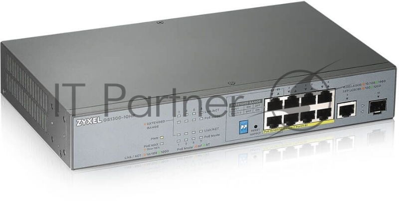 Коммутатор Zyxel GS1300-10HP, 9xGE (8xPoE+), 1xSFP, бюджет PoE 130 Вт, дальность передачи питания до 250 м, повышенная защита от перенапряжений и электростатических разрядов