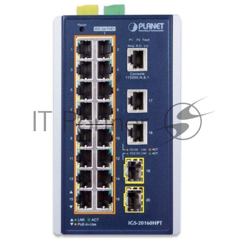 IGS-20160HPT индустриальный PoE коммутатор для монтажа в DIN-рейку IP30 Industrial L2+/L4 16-Port 1000T 802.3at PoE+ 2-Port 1000T + 2-port 100/1000X SFP Full Managed Switch (-40 to 75 C, dual redundant power input on 48~56VDC terminal block, DIDO, ER