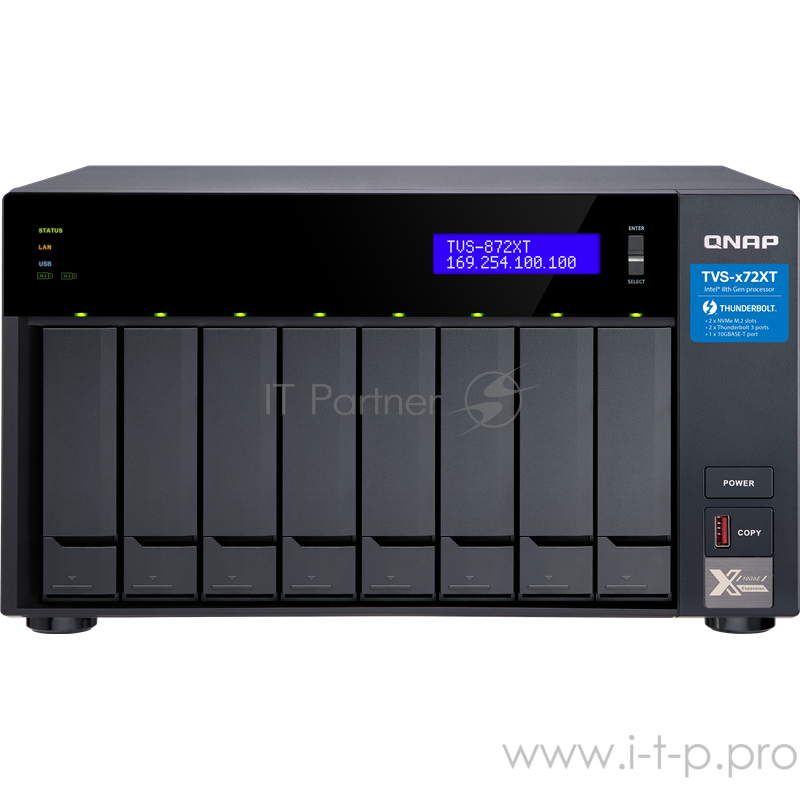Сетевое хранилище без дисков SMB QNAP TVS-872XT-i5-16G 8-Bay NAS, Intel Core i5-8400T 6-core 1.7 GHz (up to 3.3GHz), 16GB DDR4 RAM (max 32GB RAM), 8x 2.5/3.5 SATA HDD/SSD + 2x M.2 PCIe SSD slot, 2xGbE LAN, 1 x 10GBase-T, 2 x Thunderbolt 3 port
