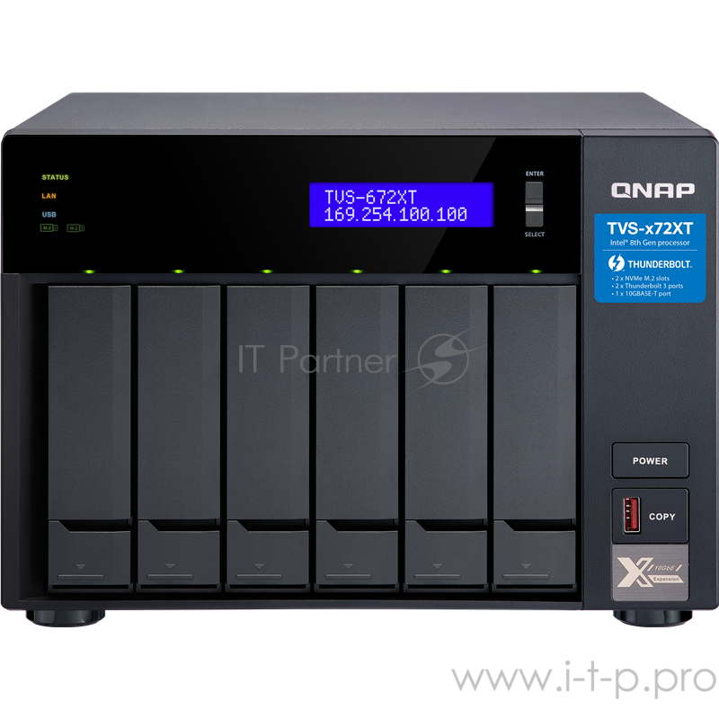 Сетевое хранилище без дисков SMB QNAP TVS-672XT-i3-8G 6-Bay NAS, Intel Core i3-8100T 4-core 3.1 GHz Processor, 8GB DDR4 RAM (max 32GB RAM), 6x 2.5/3.5 SATA HDD/SSD + 2x M.2 PCIe SSD slot, 2xGbE LAN, 1 x 10GBase-T, 2 x Thunderbolt 3 port