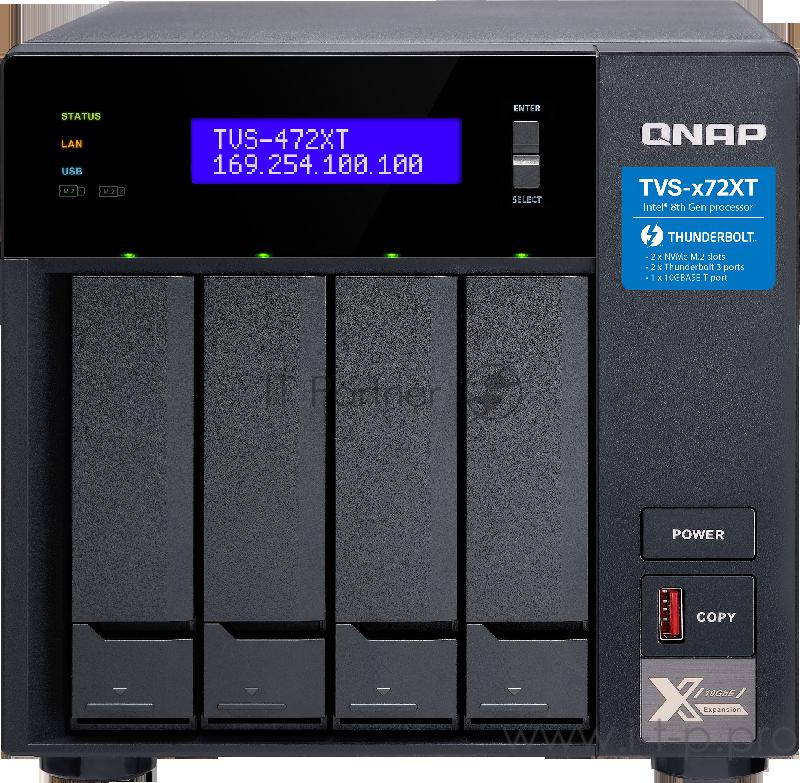 Сетевое хранилище без дисков SMB QNAP TVS-472XT-PT-4G 4-Bay NAS, Intel Pentium Gold G5400T 2-core 3.1 GHz processor, 4GB DDR4 RAM (max 32GB RAM), 4x 2.5/3.5 SATA HDD/SSD + 2x M.2 PCIe SSD slot, 2xGbE LAN, 1 x 10GBase-T, 2 x Thunderbolt 3 port