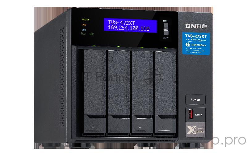 Сетевое хранилище без дисков SMB QNAP TVS-472XT-PT-4G 4-Bay NAS, Intel Pentium Gold G5400T 2-core 3.1 GHz processor, 4GB DDR4 RAM (max 32GB RAM), 4x 2.5/3.5 SATA HDD/SSD + 2x M.2 PCIe SSD slot, 2xGbE LAN, 1 x 10GBase-T, 2 x Thunderbolt 3 port