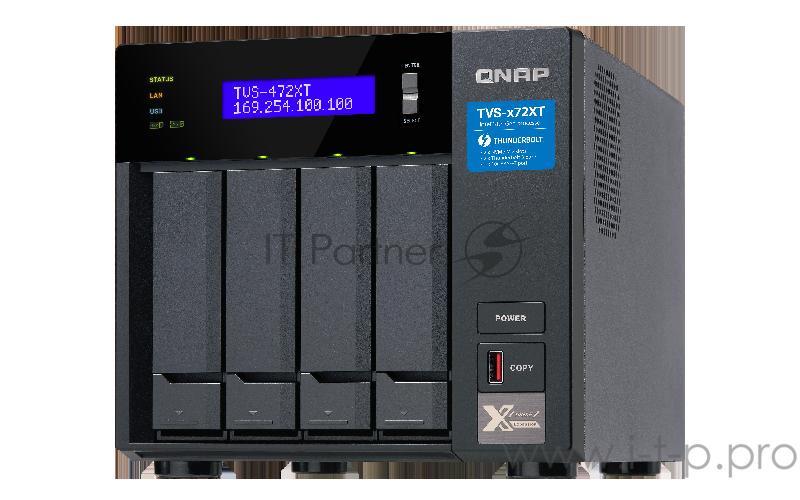 Сетевое хранилище без дисков SMB QNAP TVS-472XT-PT-4G 4-Bay NAS, Intel Pentium Gold G5400T 2-core 3.1 GHz processor, 4GB DDR4 RAM (max 32GB RAM), 4x 2.5/3.5 SATA HDD/SSD + 2x M.2 PCIe SSD slot, 2xGbE LAN, 1 x 10GBase-T, 2 x Thunderbolt 3 port