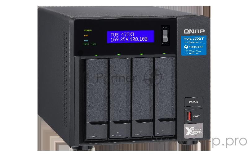 Сетевое хранилище без дисков SMB QNAP TVS-472XT-PT-4G 4-Bay NAS, Intel Pentium Gold G5400T 2-core 3.1 GHz processor, 4GB DDR4 RAM (max 32GB RAM), 4x 2.5/3.5 SATA HDD/SSD + 2x M.2 PCIe SSD slot, 2xGbE LAN, 1 x 10GBase-T, 2 x Thunderbolt 3 port