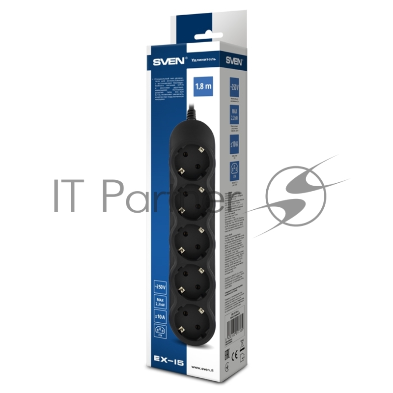 Удлинитель SVEN EX-I5 черный 1,8 м (вх.вилка IEC-320 (C14), вых. розетки 5× СЕЕ 7/4) Extender SVEN EX-I5 black 1,8 m (5 outlets), C14