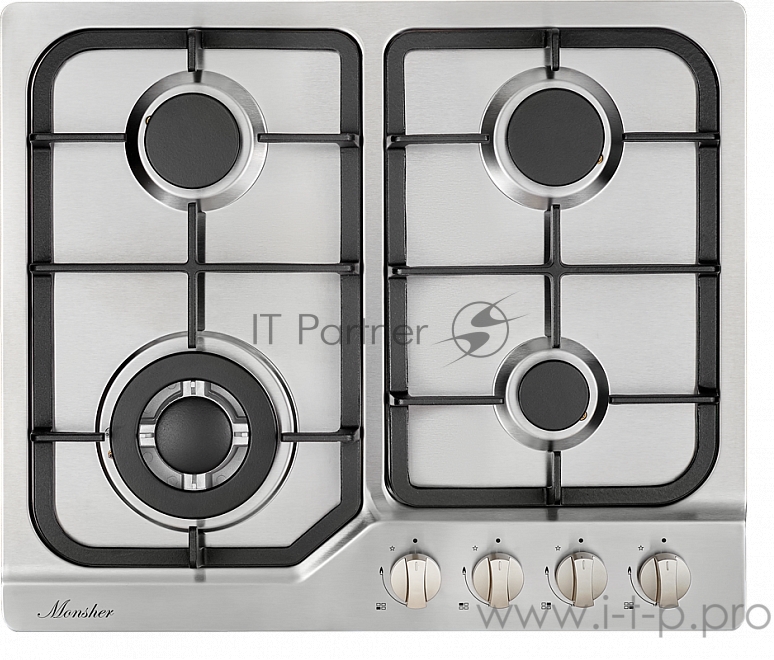 Встраиваемые варочные панели MONSHER Газовая варочная поверхность металл, ширина 60 см, 4 газовые конфорки, WOK конфорка повышенной мощности, автоподжиг, газ-контроль, чугунные решетки, цвет: нержавейка
