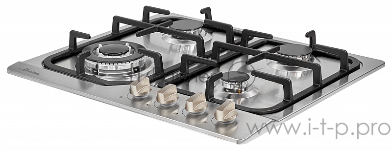Встраиваемые варочные панели MONSHER Газовая варочная поверхность металл, ширина 60 см, 4 газовые конфорки, WOK конфорка повышенной мощности, автоподжиг, газ-контроль, чугунные решетки, цвет: нержавейка
