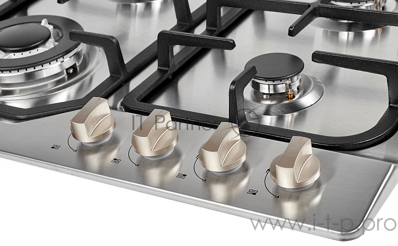 Встраиваемые варочные панели MONSHER Газовая варочная поверхность металл, ширина 60 см, 4 газовые конфорки, WOK конфорка повышенной мощности, автоподжиг, газ-контроль, чугунные решетки, цвет: нержавейка