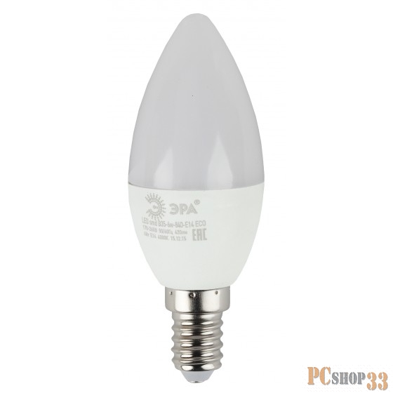 ЭРА Б0020619 ECO LED B35-6W-840-E14 Лампа ЭРА (диод, свеча, 6Вт, нейтр, E14)