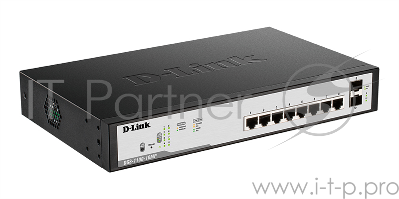 Коммутатор D-Link DGS-1100-10MP/C1A, L2 Smart Switch with 8 10/100/1000Base-T ports and 2 1000Base-X SFP ports (8 PoE ports 802.3af/802.3at(30 W), PoE Budget 130 W).16K Mac address, 802.3x Flow Control, 802.3a