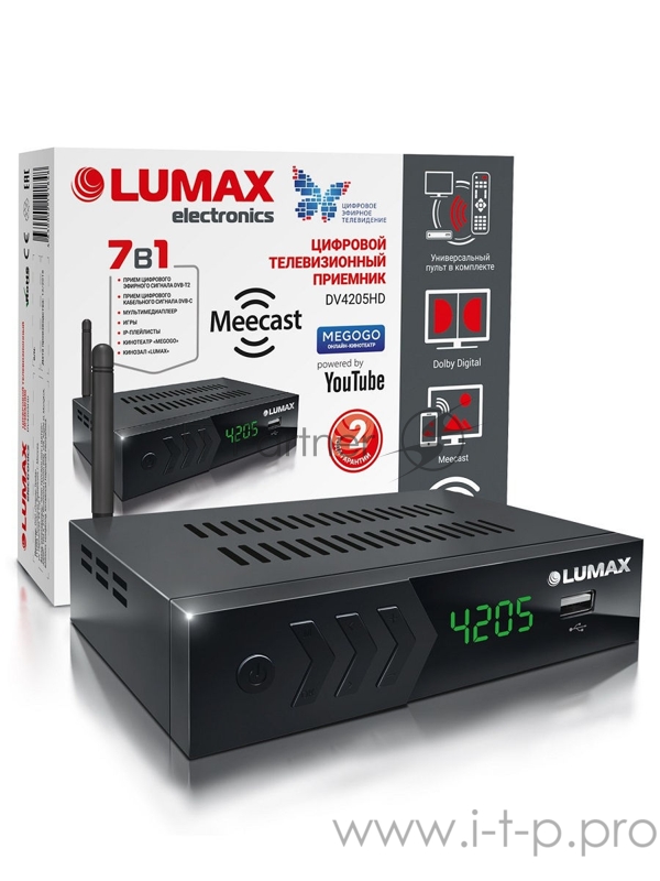 Приставка DVB-T2 LUMAX Приставка DVB-T2 LUMAX/ GX3235S, эфирный + кабельный, Металл, 7 кнопок, дисплей, USB, 3RCA, HDMI, внешний б/п, встроенный Wi-Fi адаптер, Кинозал LUMAX (более 500 фильмов)