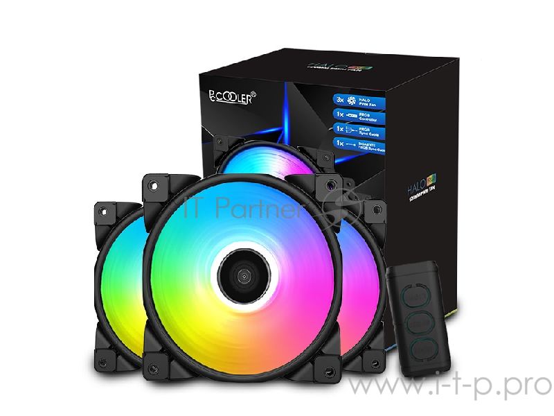Вентилятор PCCooler HALO RGB KIT (3 IN 1) 120x120x25мм (PWM, RGB контроллер, 20шт./кор, пит. от мат.платы и БП, 1000-2000 об/мин) Retail