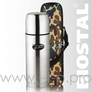 Термос BIOSTAL-Охота NBP-1000B 1 л, узкое горло,нерж.,крышка-чашка,чехол, пробка без кнопки. &