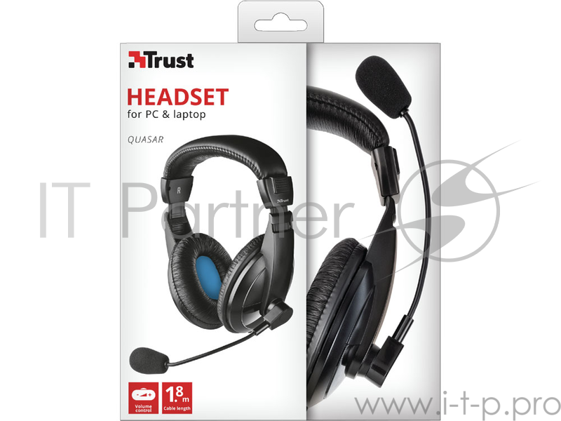 Гарнитура TRUST QUASAR black (Кабель 1,8м,регулятор громкости. Mini-jack 3,5 и переходник с разъемом наушники/микрофон для ПК.)