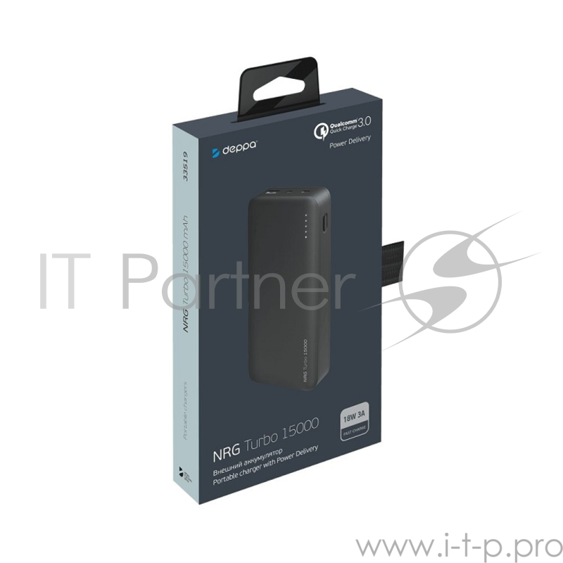 Аккумулятор Deppa Внешний АКБ NRG Turbo 15000 mAh, QuickCharge 3.0, Type-C, черный/графит, Deppa