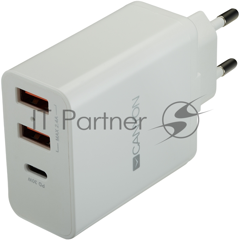 Сетевая зарядка CANYON Universal 3xUSB AC charger (in wall) with over-voltage protection(1 USB-C with PD Quick Charger), Input 100V-240V, OutputUSB-A/5V-2.4A+USB-C/PD30 with Smart IC, White Glossy Color+ orange plastic part of USB, 96.8*52.48*28.5m