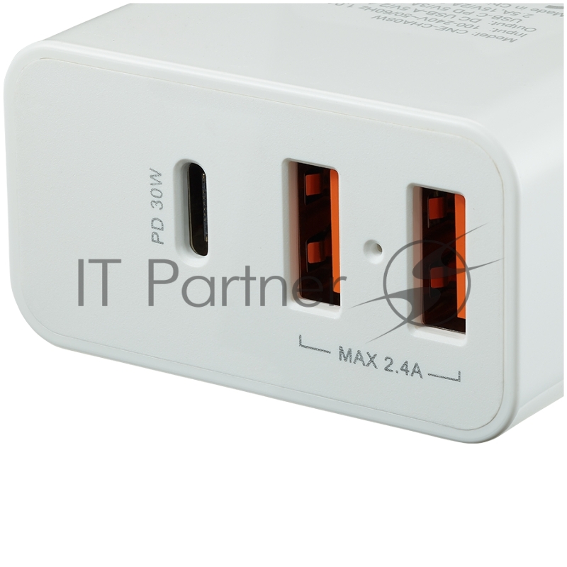 Сетевая зарядка CANYON Universal 3xUSB AC charger (in wall) with over-voltage protection(1 USB-C with PD Quick Charger), Input 100V-240V, OutputUSB-A/5V-2.4A+USB-C/PD30 with Smart IC, White Glossy Color+ orange plastic part of USB, 96.8*52.48*28.5m
