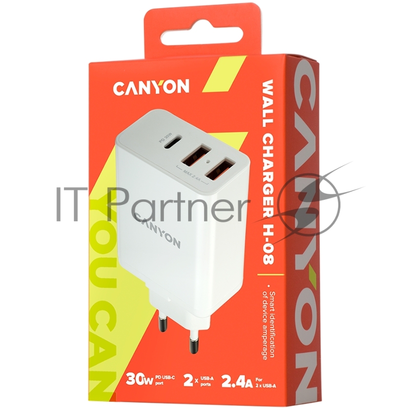 Сетевая зарядка CANYON Universal 3xUSB AC charger (in wall) with over-voltage protection(1 USB-C with PD Quick Charger), Input 100V-240V, OutputUSB-A/5V-2.4A+USB-C/PD30 with Smart IC, White Glossy Color+ orange plastic part of USB, 96.8*52.48*28.5m