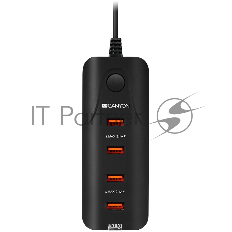 Сетевая зарядка CANYON Universal 4xUSB AC charger (in wall) with over-voltage protection, Input 100V-240V, Output 5V-4.2A, with Smart IC, Black rubber coating+ orange plastic part of USB, 127.7*50*24.5mm, 0.126kg