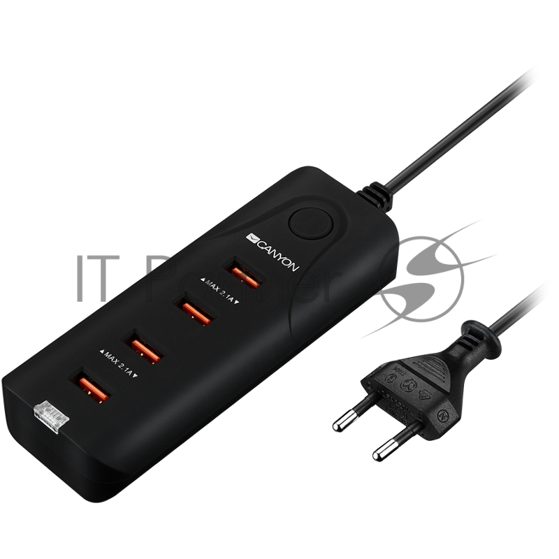 Сетевая зарядка CANYON Universal 4xUSB AC charger (in wall) with over-voltage protection, Input 100V-240V, Output 5V-4.2A, with Smart IC, Black rubber coating+ orange plastic part of USB, 127.7*50*24.5mm, 0.126kg