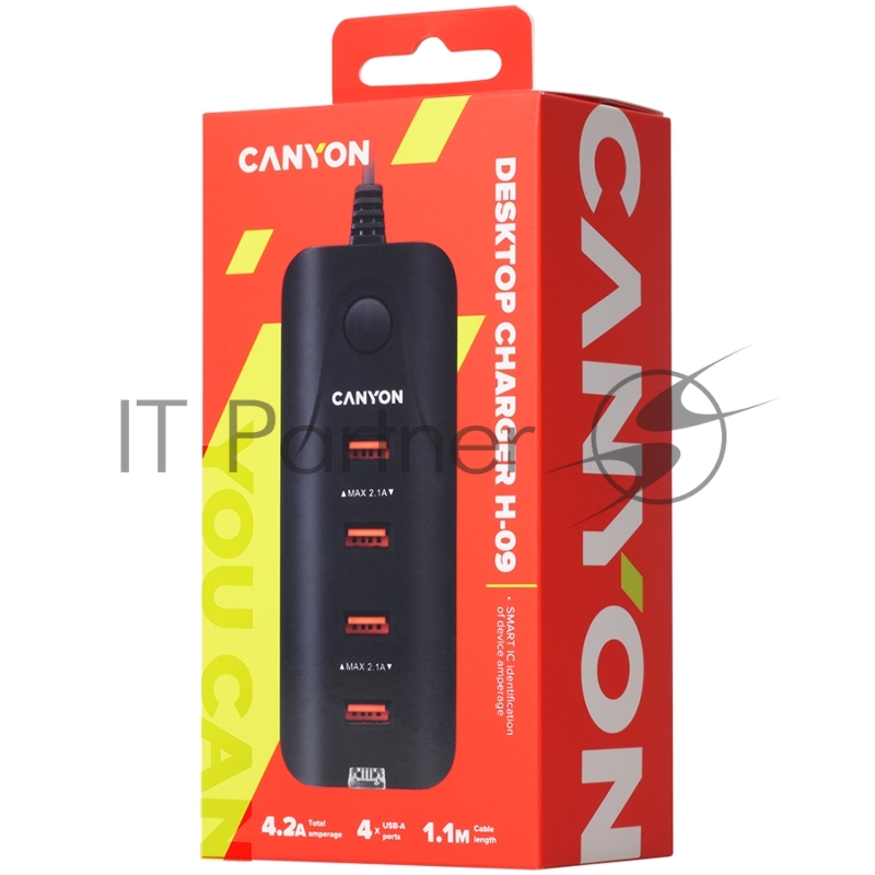 Сетевая зарядка CANYON Universal 4xUSB AC charger (in wall) with over-voltage protection, Input 100V-240V, Output 5V-4.2A, with Smart IC, Black rubber coating+ orange plastic part of USB, 127.7*50*24.5mm, 0.126kg