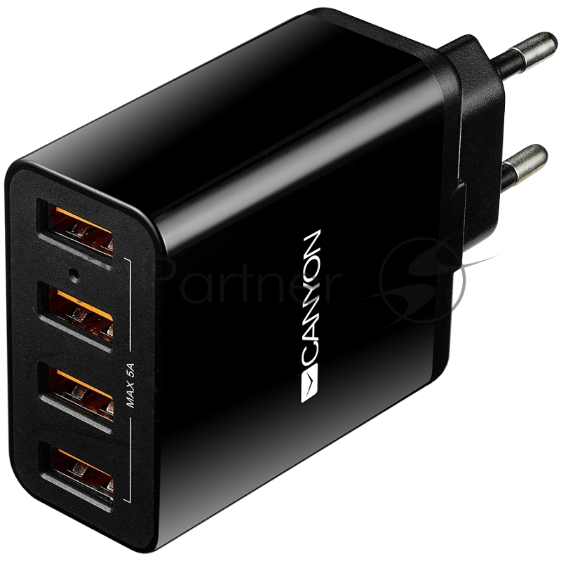 Сетевая зарядка CANYON Universal 4xUSB AC charger (in wall) with over-voltage protection, Input 100V-240V, Output 5V-5A, with Smart IC, black glossy color+orange plastic part of USB, 96.8*52.48*28.5mm, 0.09kg