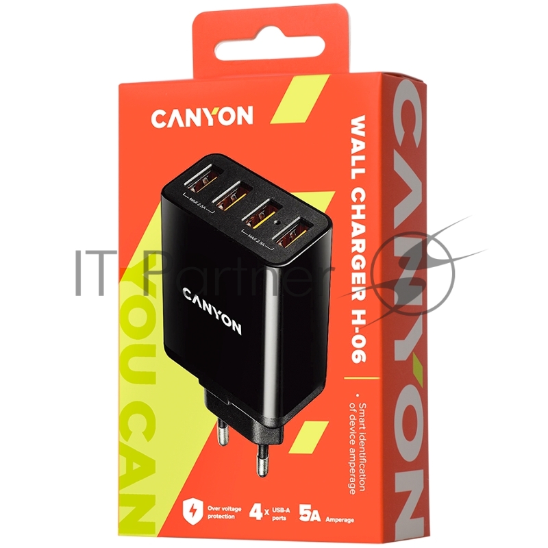 Сетевая зарядка CANYON Universal 4xUSB AC charger (in wall) with over-voltage protection, Input 100V-240V, Output 5V-5A, with Smart IC, black glossy color+orange plastic part of USB, 96.8*52.48*28.5mm, 0.09kg