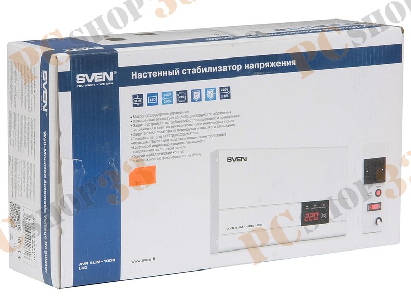 Стабилизатор напряжения Sven AVR Slim-1000 LCD, настенный, белый