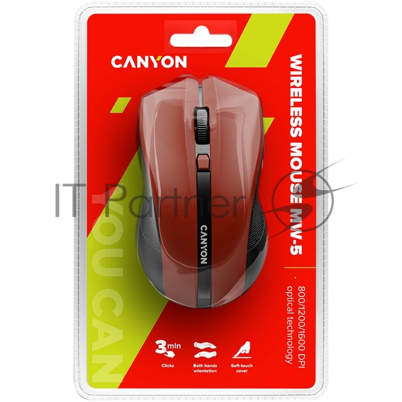 Беспроводная мышь CANYON 2.4GHz wireless Optical Mouse with 4 buttons, DPI 800/1200/1600, Red, 122*69*40mm, 0.067kg