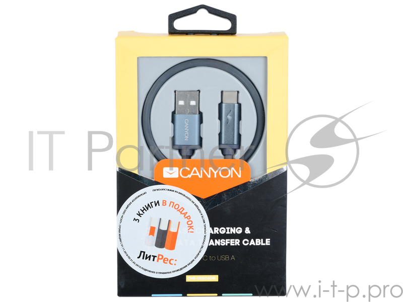 КабельType C/USB 2.0, with LED indicator, Power & Data output, 5V/9V 2A, OD 3.8mm, PVC Jacket, 1m, drak grey CANYON <CNS-USBC6DG>
