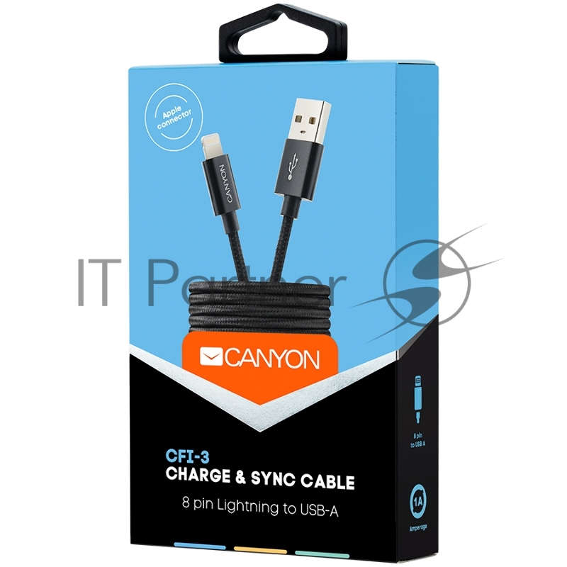 Кабель Canyon Lightning USB Cable for Apple, braided, metallic shell, cable length 1m, Black, 14.9*6.8*1000mm, 0.02kg