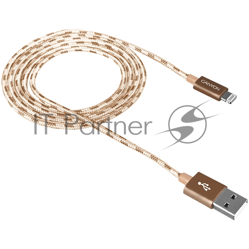 Кабель CANYON Lightning USB Cable for Apple, braided, metallic shell, cable length 1m, Gold, 14.9*6.8*1000mm, 0.02kg