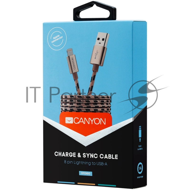 Кабель CANYON Lightning USB Cable for Apple, braided, metallic shell, cable length 1m, Gold, 14.9*6.8*1000mm, 0.02kg