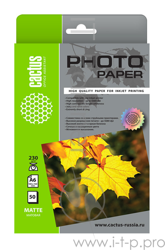 Фотобумага Cactus CS-MA623050 10x15/230г/м2/50л./белый матовое для струйной печати