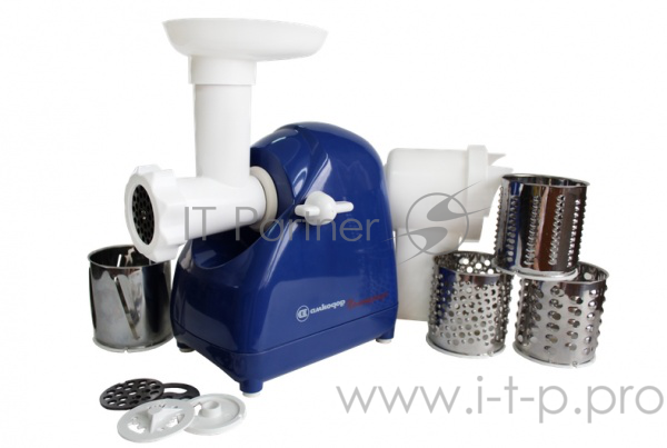 Мясорубка Белвар Помощница КЭМ-П2У 302-07, синий, максим. мощность 1500 Вт, реверс, 2 сменные решетки, насадка для профилирования теста, насадка для набивки колбас