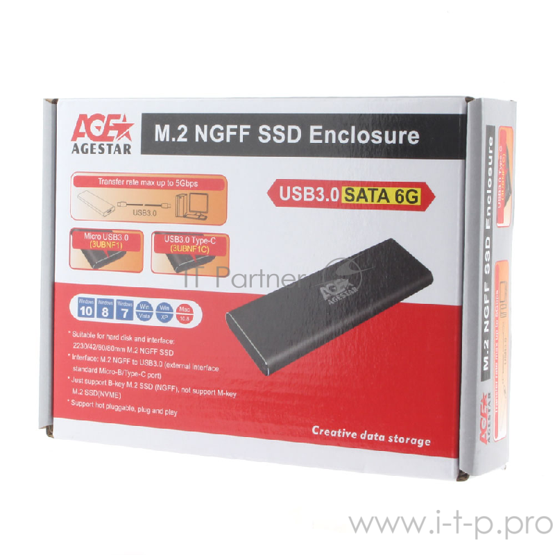 USB 3.1 Type-C Внешний корпус M.2 NGFF (B-key) AgeStar 3UBNF1C (GRAY), алюминий, серый