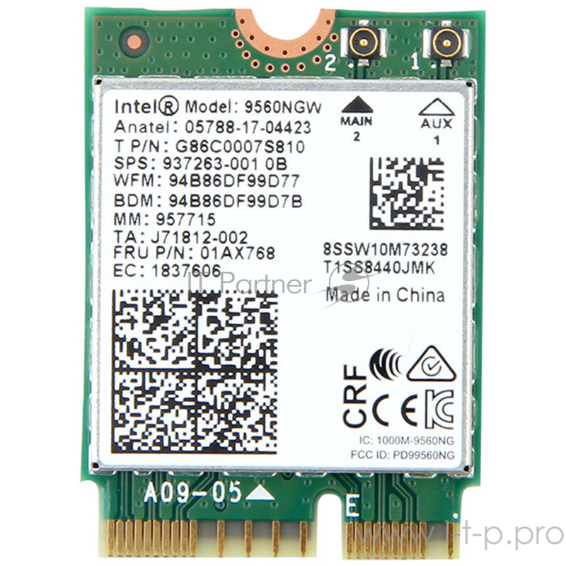 Плата сетевого контроллера m.2 Intel® Wireless-AC 9560, 2230, 2x2 AC+BT, Gigabit, No vPro, 957715