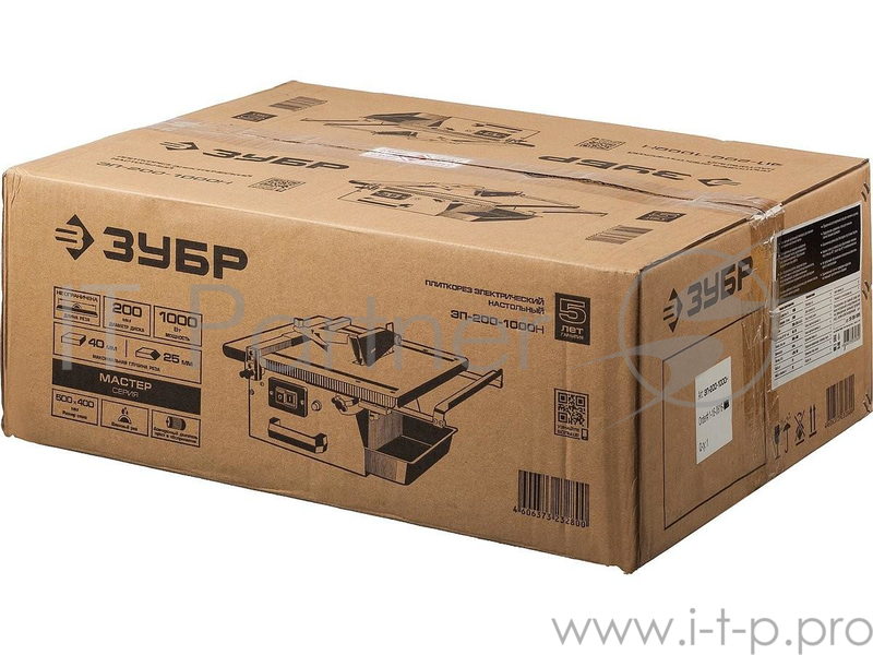 Плиткорезы ЗУБР МАСТЕР Электроплиткорез ЭП-200-1000Н { диск 200 мм, глубина реза 90°-40мм/45°-25мм, стол 500х400мм, 2950об/мин, 1000Вт }
