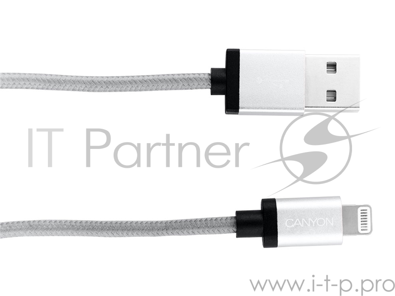 Кабель CANYON для устройств Apple (MFi Certified) Lightning CNS-MFIC3DG 1.0м, серебристый (оплетка)