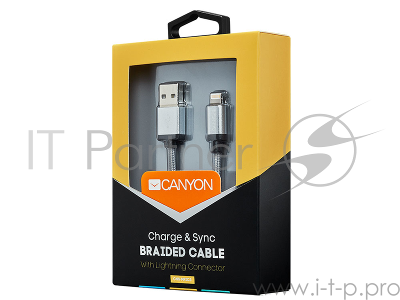 Кабель CANYON для устройств Apple (MFi Certified) Lightning CNS-MFIC3DG 1.0м, серебристый (оплетка)