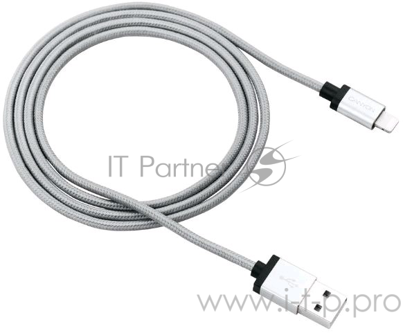 Кабель CANYON для устройств Apple (MFi Certified) Lightning CNS-MFIC3DG 1.0м, серебристый (оплетка)