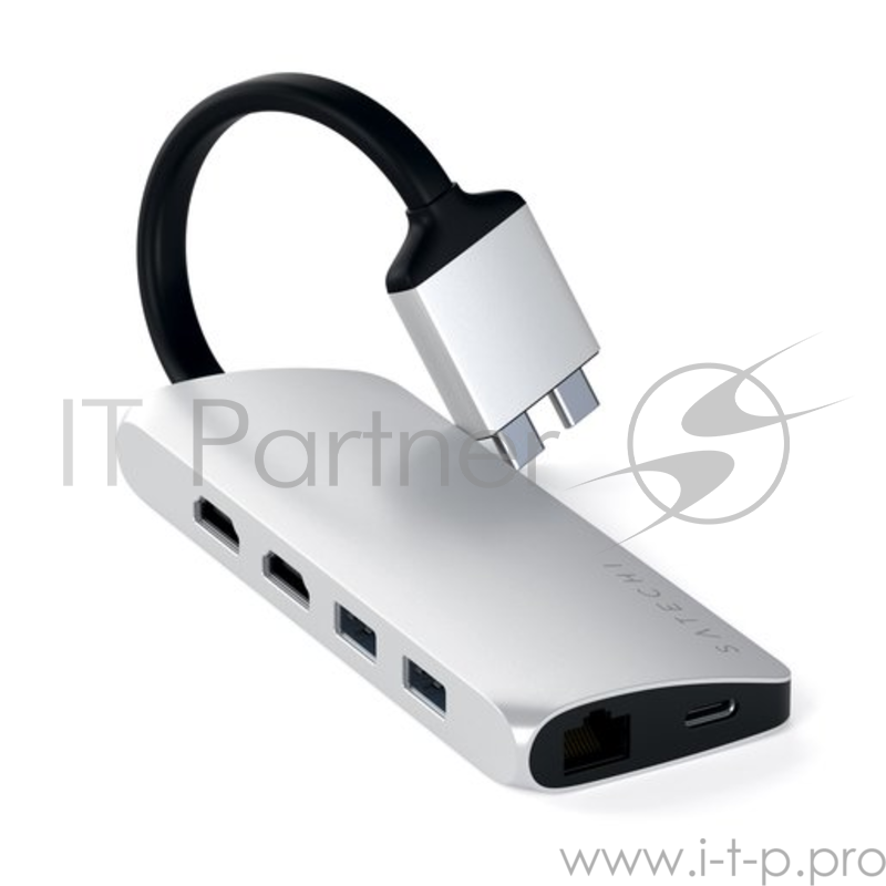 USB-хаб Satechi Type-C Dual Multimedia Adapter для Macbook с двумя портами USB-C (2019/2018 MacBook Pro, 2018 MacBook Air and 2018 Mac Mini). Цвет серебряный.