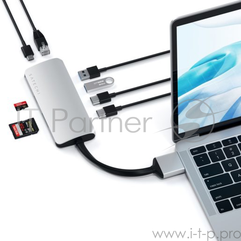 USB-хаб Satechi Type-C Dual Multimedia Adapter для Macbook с двумя портами USB-C (2019/2018 MacBook Pro, 2018 MacBook Air and 2018 Mac Mini). Цвет серебряный.