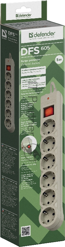 Сетевой фильтр на 6 розеток Defender DFS 605 99408, белый (5.0м)