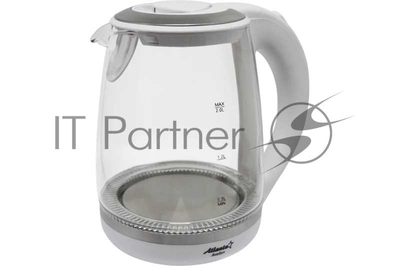 ATLANTA, ATH-2471 бел, Чайник стекло Стекло, 2л, 2200Вт, белый, температурная иллюминация, защита от перегрева без воды.