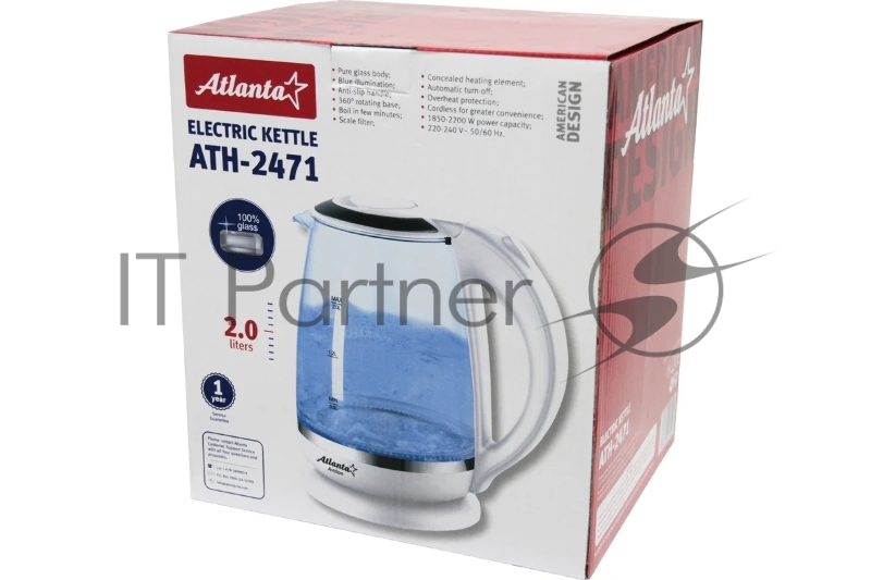 ATLANTA, ATH-2471 бел, Чайник стекло Стекло, 2л, 2200Вт, белый, температурная иллюминация, защита от перегрева без воды.